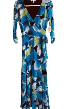 NWOT HARLOW AND ROSE Blue Green Floral Criss Cross Bodice Maxi Dress Sz Medium